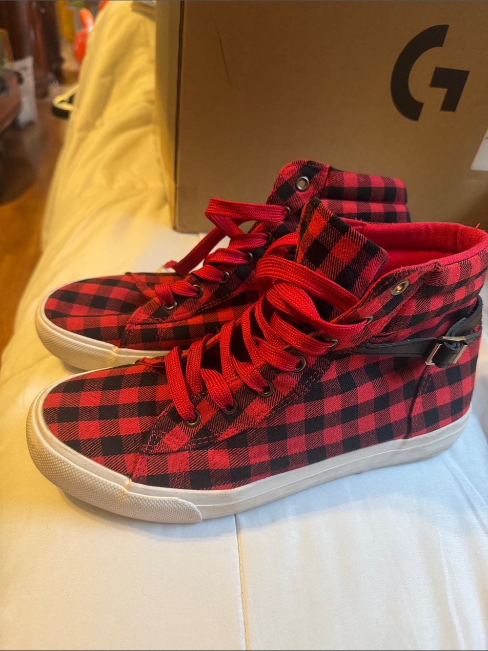 Olivia Miller Women’s Red Plaid High-Top Sneakers